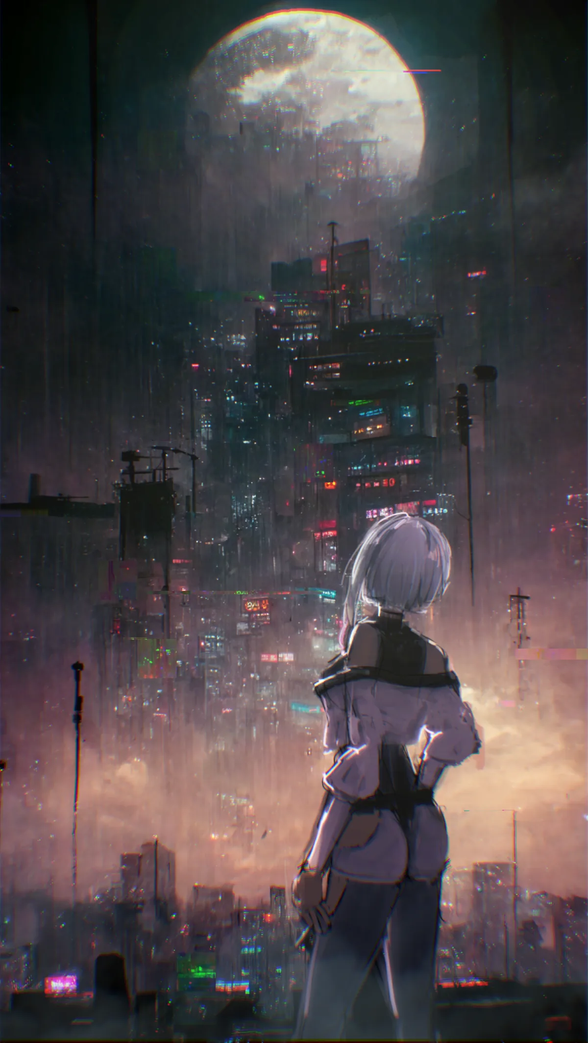 雨夜霓虹城市前，一位白发少女背对镜头，远处有一轮巨大的月亮